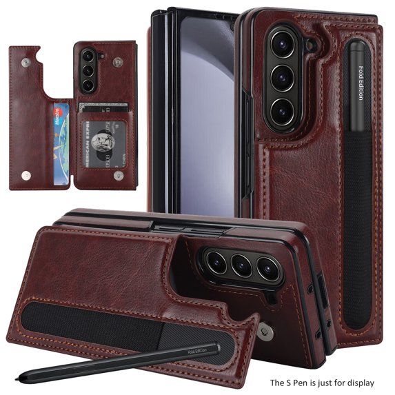 Allytech Wallet Case Cover for Samsung Galaxy Z Fold5, Premium PU Leather Cards Holder Business Type S Pen Holder Stand Bumper Shockproof Phone Case for Galaxy Z Fold5 - Brown