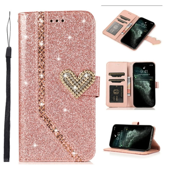 Allytech Wallet Case Fits for iPhone 13 Pro (6.1 inch, 2021 Release), Glitter Rhinestone Flip Kickstand Bling PU Leather TPU Bumper Shockproof Magnetic Closure Cover with Card Holder, Rosegold