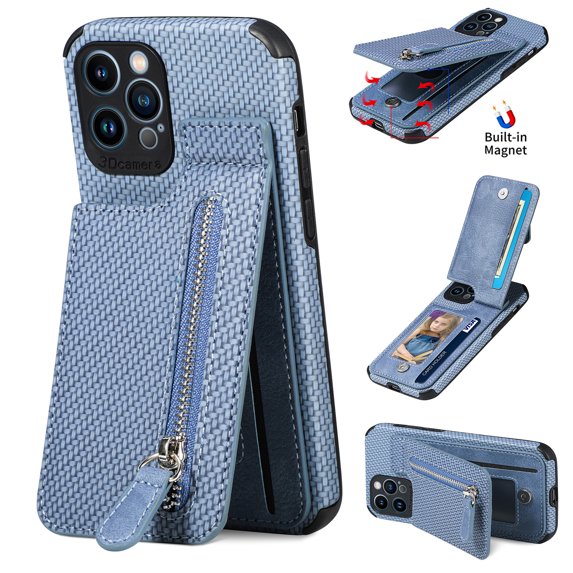 Allytech Wallet Case For iPhone 12 Pro Max,Zipper Wallet Card Slot Kickstand Shockproof Carbon Fiber Case Cover,6.7 inch,Blue