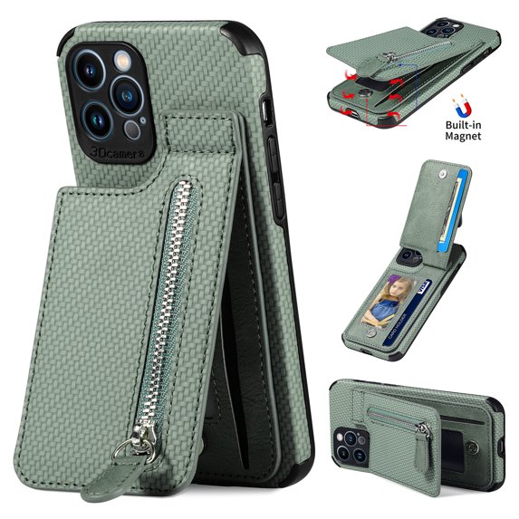Allytech Wallet Case For iPhone 12 Pro Max,Zipper Wallet Card Slot Kickstand Shockproof Carbon Fiber Case Cover,6.7 inch,Green