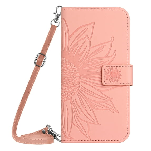 Allytech Wallet Case for Galaxy A22 5G with Shoulder Strap, Sunflower Embossed Flip Cover for Girls Women Shockproof Stand Cards Slots Anti-Scratch Phone Case for Samsung Galaxy A22 5G - Pink
