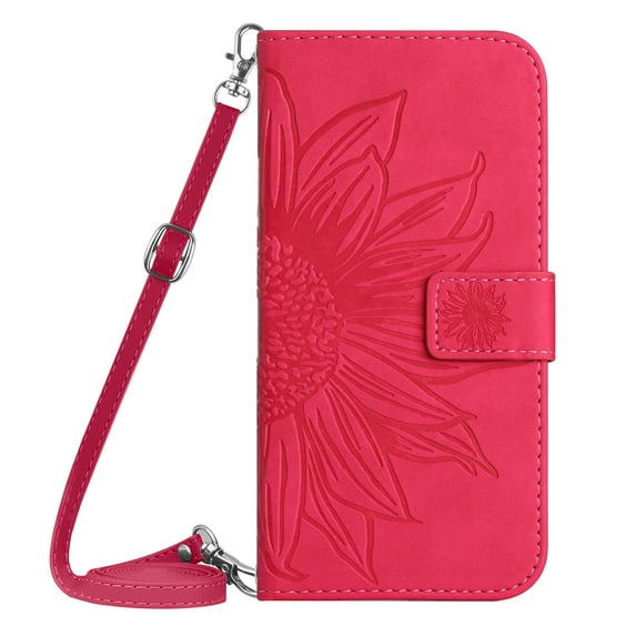 Allytech Wallet Case for Galaxy A42 5G with Shoulder Strap, Sunflower Embossed Flip Cover for Girls Women Shockproof Stand Cards Slots Anti-Scratch Phone Case for Samsung Galaxy A42 5G - Rose