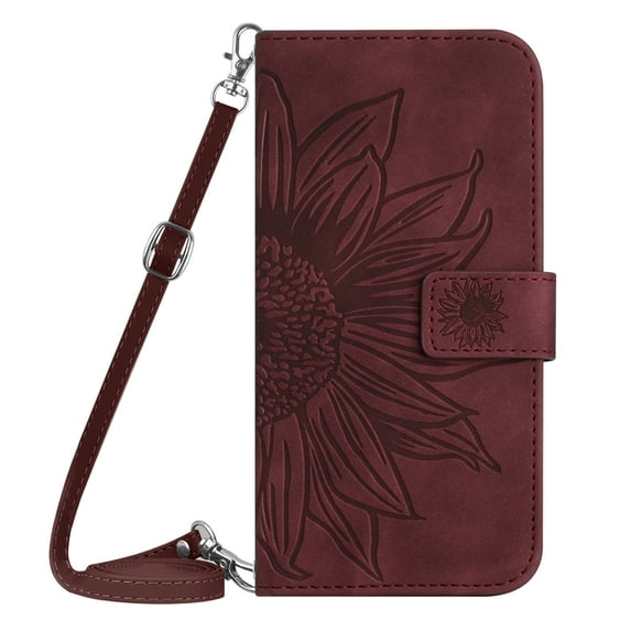 Allytech Wallet Case for Galaxy A53 5G with Shoulder Strap, Sunflower Embossed Flip Cover for Girls Women Shockproof Stand Cards Slots Anti-Scratch Phone Case for Samsung Galaxy A53 5G - Winered