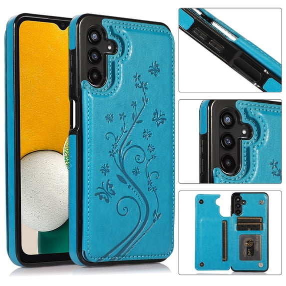 Allytech Wallet Case for Galaxy A54 5G, Floral Butterfly Embossed Slim Fit Cards Holder Stand Shockproof Anti-Scratch Bumper Wallet Case Cover for Samsung Galaxy A54 5G - Blue