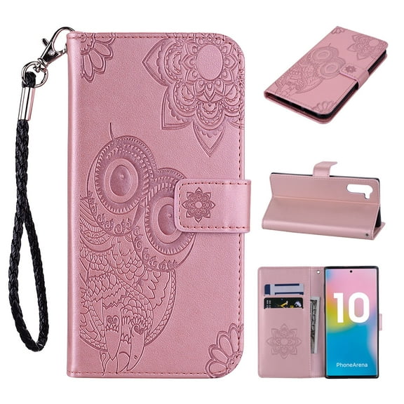 Allytech Wallet Case for Galaxy Note 10, PU Leather Owl Embossed Detachable Wrist Strap Kickstand Folio Flip Full Protective Shockproof Anti-slip Wallet Case Cover for Samsung Galaxy Note 10,Rosegold