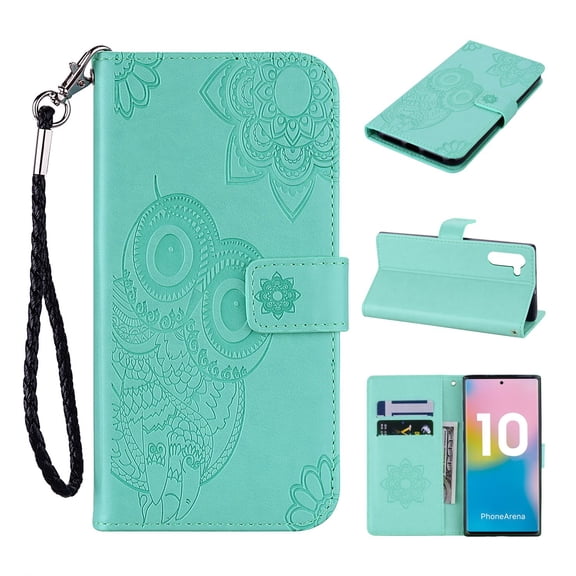 Allytech Wallet Case for Galaxy Note 10, PU Leather Owl Embossed Detachable Wrist Strap Kickstand Folio Flip Full Protective Shockproof Anti-slip Wallet Case Cover for Samsung Galaxy Note 10,Green