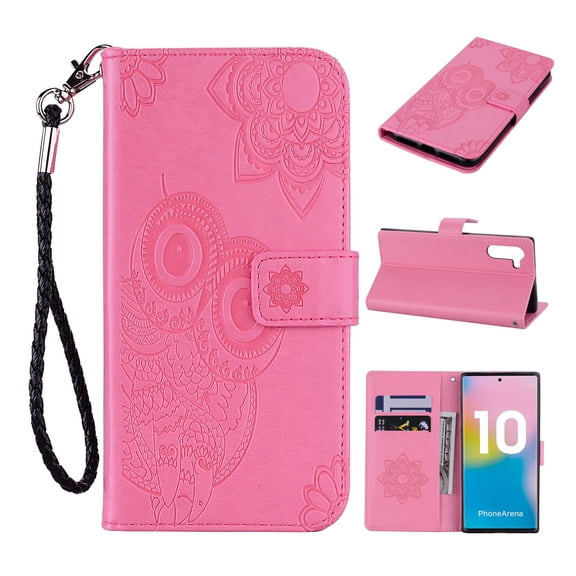 Allytech Wallet Case for Galaxy Note 10, PU Leather Owl Embossed Detachable Wrist Strap Kickstand Folio Flip Full Protective Shockproof Anti-slip Wallet Case Cover for Samsung Galaxy Note 10,Pink