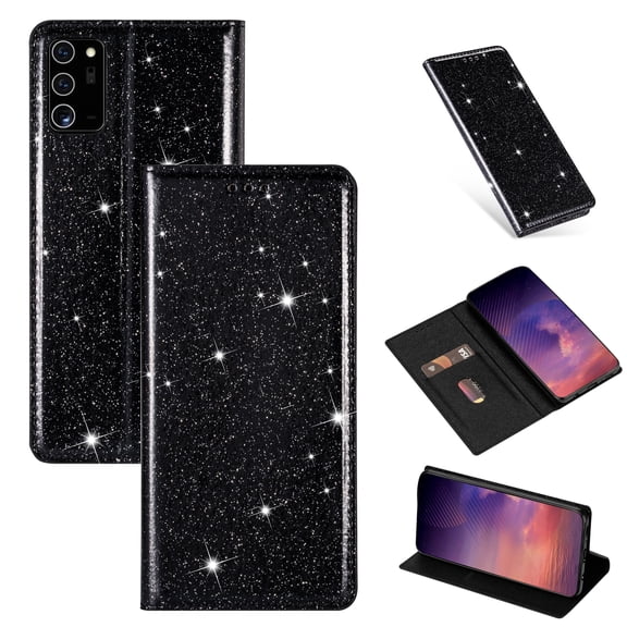 Allytech Wallet Case for Galaxy Note 20, Slim Shell PU Leather Folding Stand Glitter Bling Case Folio Flip Full Protection Cards Slots Wallet Case Cover for Galaxy Note 20, Black
