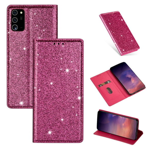 Allytech Wallet Case for Galaxy Note 20, Slim Shell PU Leather Folding Stand Glitter Bling Case Folio Flip Full Protection Cards Slots Wallet Case Cover for Galaxy Note 20, Rose