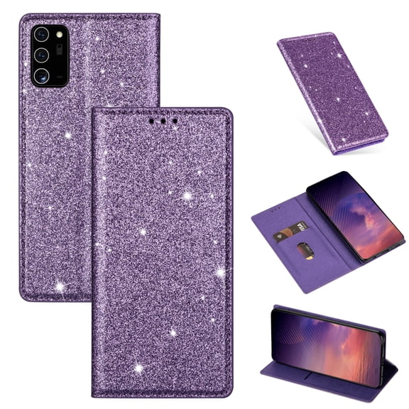 Allytech Wallet Case for Galaxy Note 20, Slim Shell PU Leather Folding Stand Glitter Bling Case Folio Flip Full Protection Cards Slots Wallet Case Cover for Galaxy Note 20, Purple