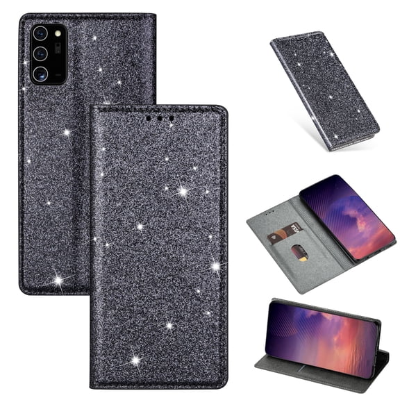 Allytech Wallet Case for Galaxy Note 20, Slim Shell PU Leather Folding Stand Glitter Bling Case Folio Flip Full Protection Cards Slots Wallet Case Cover for Galaxy Note 20, Gray