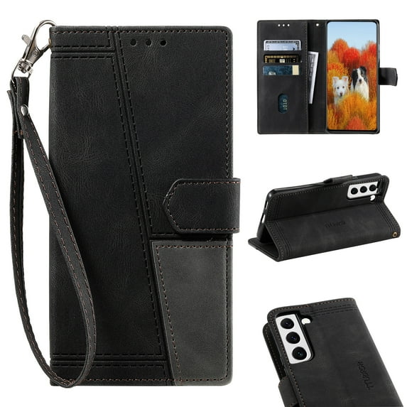 Allytech Wallet Case for Galaxy S22 5G, Magnetic Snap Kickstand RFID Blocking Card Slot Folio PU Leather with TPU Shockproof Case with Hand Strap Case for Samsung Galaxy S22 2022 6.1", Black