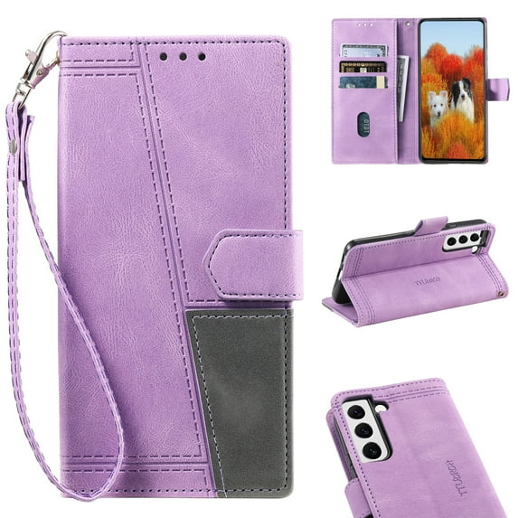 Allytech Wallet Case for Galaxy S22 5G, Magnetic Snap Kickstand RFID Blocking Card Slot Folio PU Leather with TPU Shockproof Case with Hand Strap Case for Samsung Galaxy S22 2022 6.1", Purple