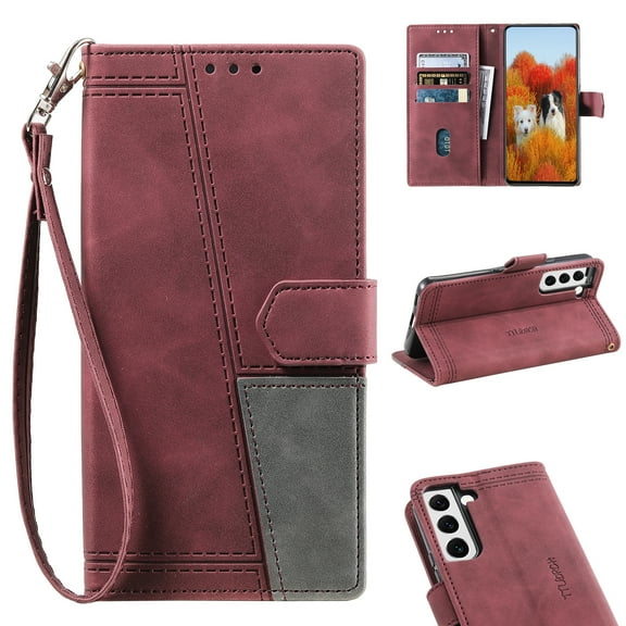 Allytech Wallet Case for Galaxy S22 5G, Magnetic Snap Kickstand RFID Blocking Card Slot Folio PU Leather with TPU Shockproof Case with Hand Strap Case for Samsung Galaxy S22 2022 6.1", Winered