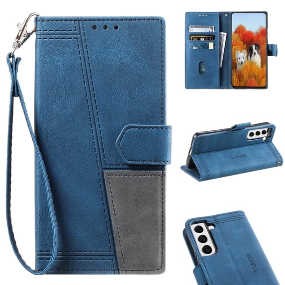 Allytech Wallet Case for Galaxy S22 Plus 5G, Magnetic Snap Kickstand RFID Blocking Card Slot Folio PU Leather with TPU Shockproof Case with Hand Strap Case for Samsung Galaxy S22 Plus 2022 6.6", Blue