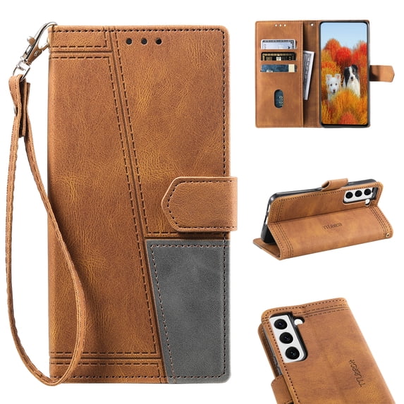 Allytech Wallet Case for Galaxy S22 Plus 5G, Magnetic Snap Kickstand RFID Blocking Card Slot Folio PU Leather with TPU Shockproof Case with Hand Strap Case for Samsung Galaxy S22 Plus 2022 6.6", Brown