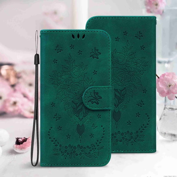 Allytech Wallet Case for Galaxy S22 Ultra, Luxury PU Leather ID Cash Credit Card Slots Holder Embossed Clover Flower PU Leather Kickstand with Wrist Strap For Samsung S22 Ultra 5G 6.8" 2022, Green