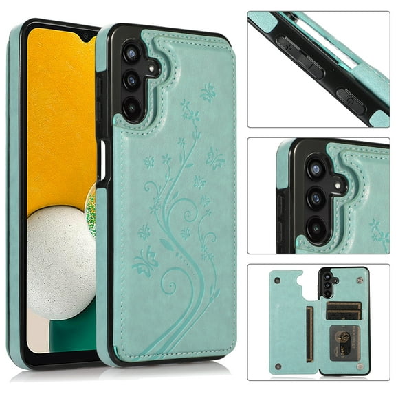Allytech Wallet Case for Galaxy S24 Plus, Floral Butterfly Embossed Slim Fit Cards Holder Stand Shockproof Anti-Scratch Bumper Wallet Case Cover for Samsung Galaxy S24 Plus - Mint