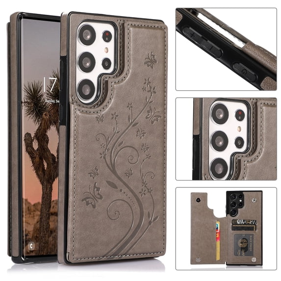 Allytech Wallet Case for Galaxy S25 Ultra, Floral Butterfly Embossed Slim Fit Cards Holder Stand Shockproof Anti-Scratch Bumper Wallet Case Cover for Samsung Galaxy S25 Ultra - Gray