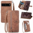 thumbnail image 1 of Allytech Wallet Case for Google Pixel 7, Embossed Luxury PU Leather Flip Case with Kickstand & Card Cash Slots, Slim Zipper Pocket Detachable Wrist Strap Magnetic Clasp Anti-Drop Case - Brown, 1 of 9
