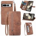 thumbnail image 1 of Allytech Wallet Case for Google Pixel 7 Pro, Embossed Luxury PU Leather Flip Case with Kickstand & Card Cash Slots, Slim Zipper Pocket Detachable Wrist Strap Magnetic Clasp Anti-Drop Case - Brown, 1 of 9
