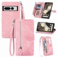 thumbnail image 1 of Allytech Wallet Case for Google Pixel 7 Pro, Embossed Luxury PU Leather Flip Case with Kickstand & Card Cash Slots, Slim Zipper Pocket Detachable Wrist Strap Magnetic Clasp Anti-Drop Case - Pink, 1 of 9