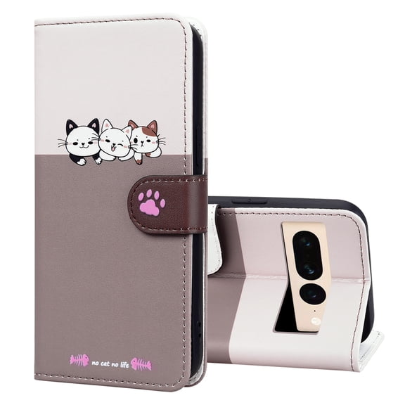 Allytech Wallet Case for Google Pixel 8a with Cute Cartoon Pattern, 3 Card Slots + 1 Cash Slot + Wrist Strap, Premium PU Leather Stand Magnetic Clasp Shockproof Protective Case, Gray
