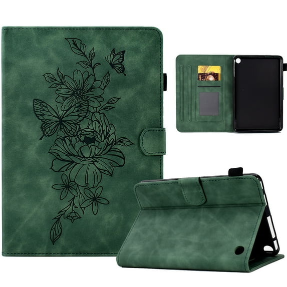 Allytech Wallet Case for Kindle Fire 7 Tablet (12th Gen 2022 Released), Slim Folding Stand Auto Sleep Wake Embossed Flower PU Leather Case with Pen Slot for All-New Amazon Fire7", Green