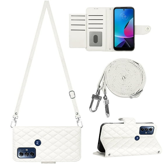 Allytech Wallet Case for Motorola Moto G Play (2023) with Card Cash Slots, Luxury Premium PU Leather Kickstand Shoulder Strap Lanyard Shockproof Anti-Fall Full Body Protective Flip Shell - White
