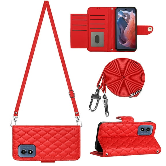Allytech Wallet Case for Motorola Moto G Play (2024) with Card Cash Slots, Luxury Premium PU Leather Kickstand Shoulder Strap Lanyard Shockproof Anti-Fall Full Body Protective Flip Shell - Red