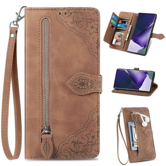 Allytech Wallet Case for Motorola Moto G Stylus 5G 2021, Embossed Luxury PU Leather Case with Kickstand & Card Slots, Slim Zipper Pocket Detachable Wrist Strap Magnetic Clasp Anti-Drop Case - Brown