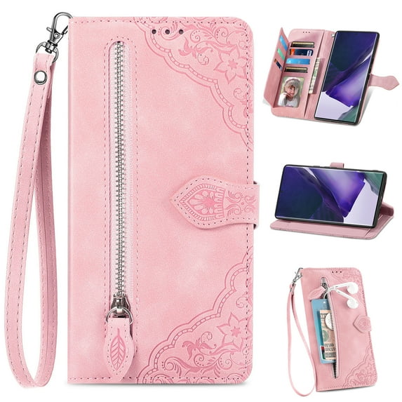 Allytech Wallet Case for Motorola Moto G Stylus 5G 2023, Embossed Luxury PU Leather Case with Kickstand & Card Slots, Slim Zipper Pocket Detachable Wrist Strap Magnetic Clasp Anti-Drop Case - Pink