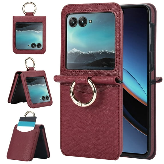 Allytech Wallet Case for Motorola Razr 40 Ultra with Ring, Hidden Credit Card Slots, Secure Finger Grip, Luxury PU Leather, Thin Shockproof Cover for Motorola Razr 40 Ultra - Winered