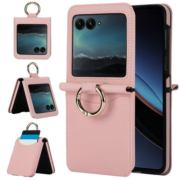 Allytech Wallet Case for Motorola Razr 40 Ultra with Ring, Hidden Credit Card Slots, Secure Finger Grip, Luxury PU Leather, Thin Shockproof Cover for Motorola Razr 40 Ultra - Pink