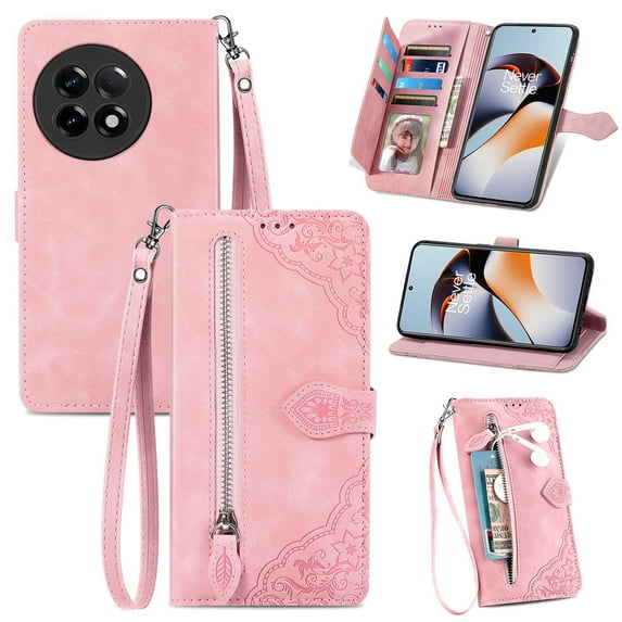 Allytech Wallet Case for OnePlus 11, Embossed Luxury PU Leather Case with Kickstand & Card Slots, Slim Zipper Pocket Detachable Wrist Strap Magnetic Clasp Anti-Drop Case - Pink