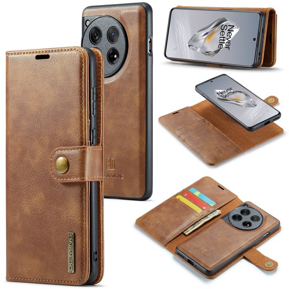 Allytech Wallet Case for OnePlus 12 with 3 Card Slots & Cash Pocket, 2 in 1 Detachable Strong Magnetic Case, Retro PU Leather Shockproof Magnetic Clasp Slim Protective Shell - Brown