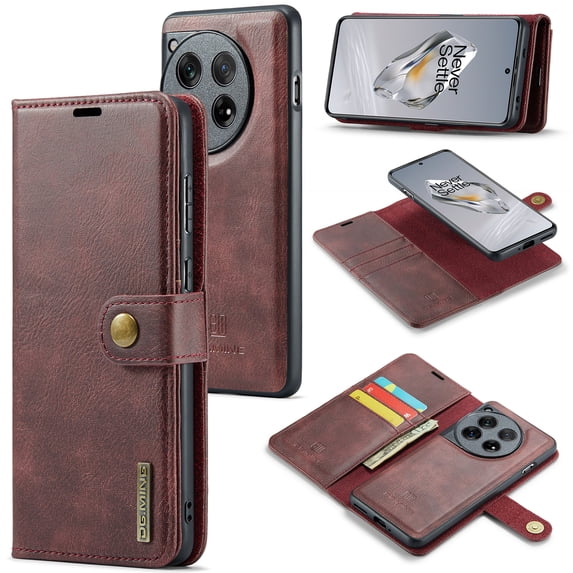 Allytech Wallet Case for OnePlus 12 with 3 Card Slots & Cash Pocket, 2 in 1 Detachable Strong Magnetic Case, Retro PU Leather Shockproof Magnetic Clasp Slim Protective Shell - Red