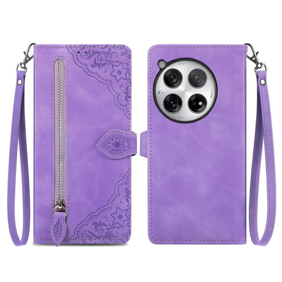 Allytech Wallet Case for OnePlus 12R, Embossed Luxury PU Leather Case with Kickstand & Card Slots, Slim Zipper Pocket Detachable Wrist Strap Magnetic Clasp Anti-Drop Case - Purple