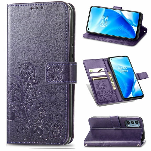 Allytech Wallet Case for OnePlus Nord N200 5G /DE2117 Phone Case, Embossed Four Leaf Clover PU Leather Folio Kickstand Case with Magnetic Closure/Hand Strap for Oneplus 1+ Nord N200 5G, Purple