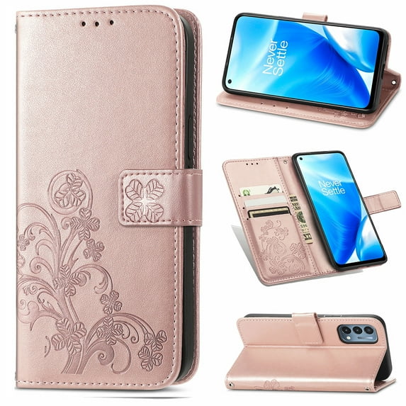 Allytech Wallet Case for OnePlus Nord N200 5G /DE2117 Phone Case, Embossed Four Leaf Clover PU Leather Folio Kickstand Case with Magnetic Closure/Hand Strap for Oneplus 1+ Nord N200 5G, Rosegold