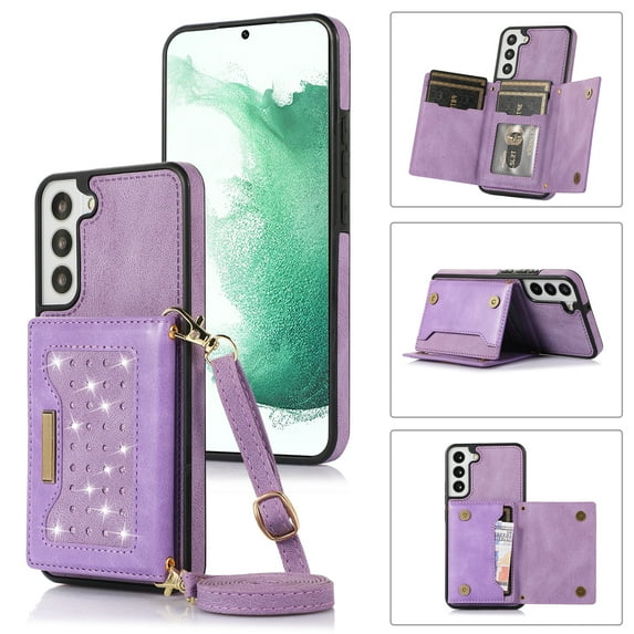 Allytech Wallet Case for Samsung Galaxy A14 5G, Bling PU Leather RFID Blocking Kickstand Case with Shoulder Strap & Card Slots, Anti-Fall Shockproof Full Body Protection Case for Women Girls, Purple