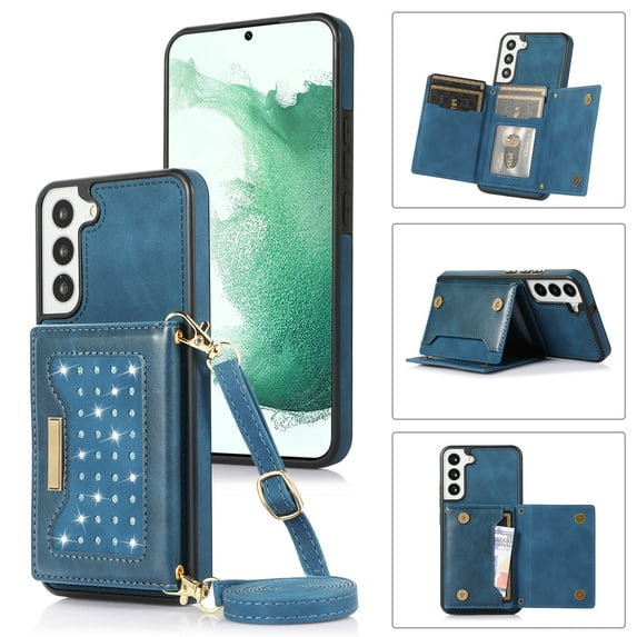 Allytech Wallet Case for Samsung Galaxy A14 5G, Bling PU Leather RFID Blocking Kickstand Case with Shoulder Strap & Card Slots, Anti-Fall Shockproof Full Body Protection Case for Women Girls, Blue
