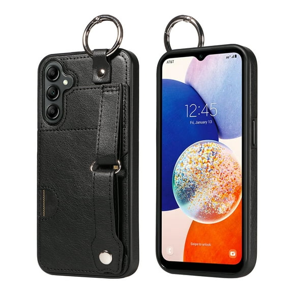 Allytech Wallet Case for Samsung Galaxy A14 5G, [Card Slot] [Ring Buckle] [Adjustable Wristband with Snap Buckles] Premium PU Leather Kickstand Shockproof Case Cover for Women Men - Black