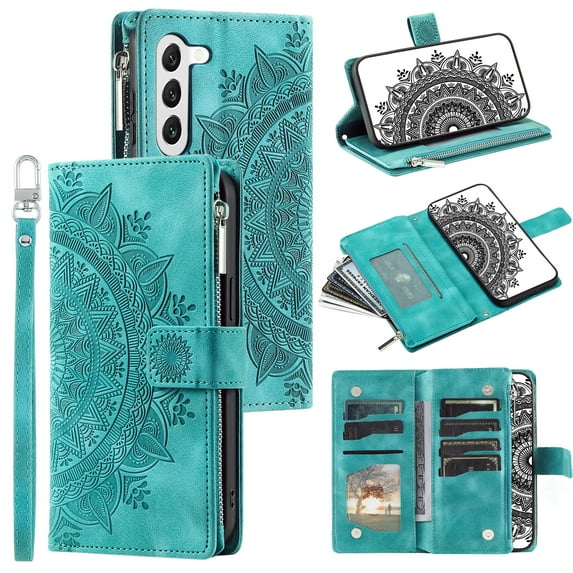 Allytech Wallet Case for Samsung Galaxy A14 5G with Card Slots, Embossed Pattern PU Leather Zipper Pocket Kickstand Cover, Shockproof Magnetic Clasp Case with Wrist Strap - Green