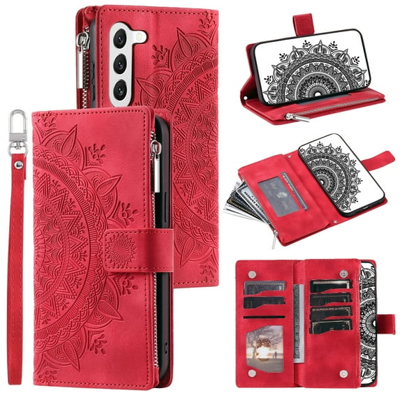 Allytech Wallet Case for Samsung Galaxy A14 5G with Card Slots, Embossed Pattern PU Leather Zipper Pocket Kickstand Cover, Shockproof Magnetic Clasp Case with Wrist Strap - Red