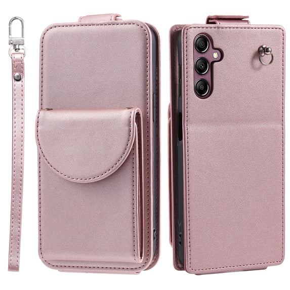 Allytech Wallet Case for Samsung Galaxy A14 5G with Hand Strap & Shoulder Strap, Flip Premium PU Leather Case with Credit Card Slots, Kickstand Magnetic Closure Shockproof Protective Case, Rosegold