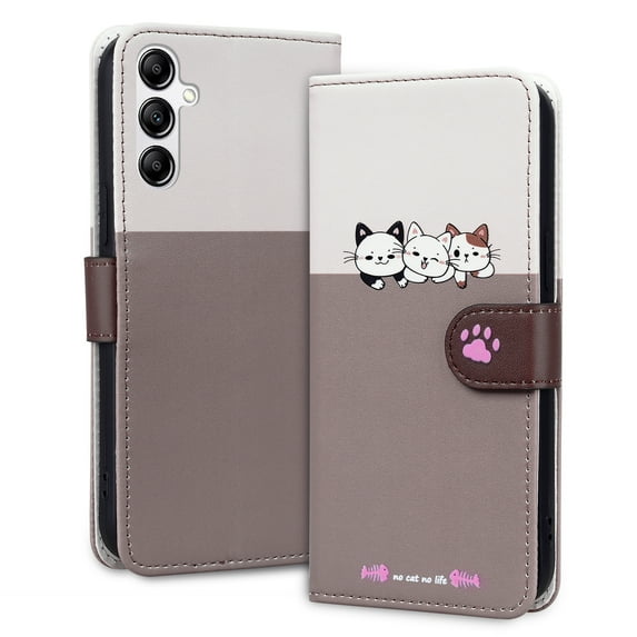Allytech Wallet Case for Samsung Galaxy A15 with Cute Cartoon Pattern, 3 Card Slots + 1 Cash Slot + Wrist Strap, Premium PU Leather Stand Magnetic Clasp Shockproof Protective Case, Gray
