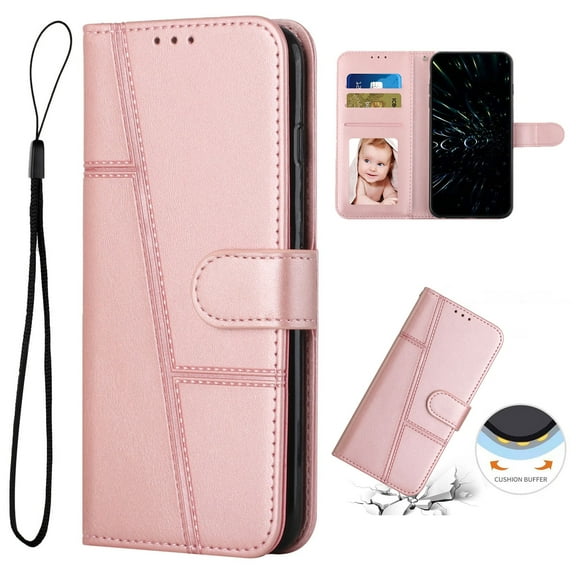 Allytech Wallet Case for Samsung Galaxy A16 5G, Magnetic Clasp Kickstand Cover with Card Slots & Cash Holder, Luxury PU Leather + Soft TPU Shockproof Anti-Scratch Case with Wrist Strap, Rosegold