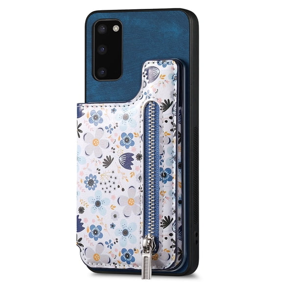 Allytech Wallet Case for Samsung Galaxy A21S, Upgrade RFID Blocking Floral Pattern Case for Girls Women Cards Holder Zipper Pocket Stand Slim Fit Phone Case for Galaxy A21S - Blue