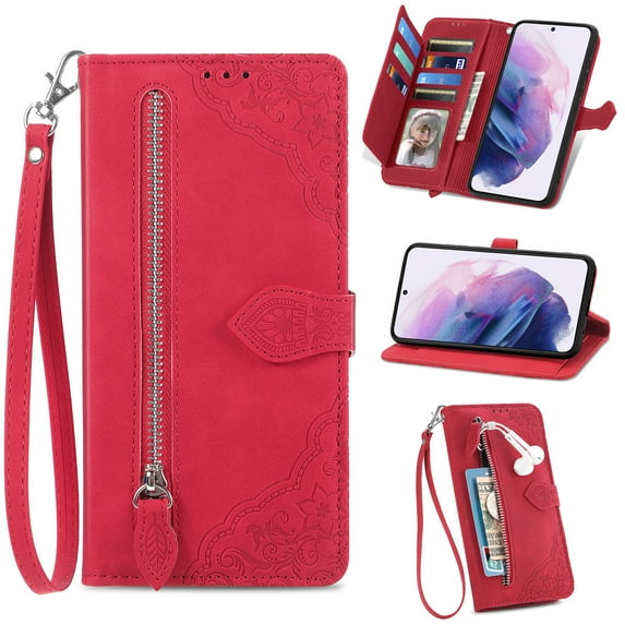 Allytech Wallet Case for Samsung Galaxy A22 4G, Card Slots Zipper Pocket Handbag Case PU Leather Magnetic Closure Stand with Wrist Strap TPU Shockproof Flip Case for Galaxy A22 4G(NOT for 5G), Red